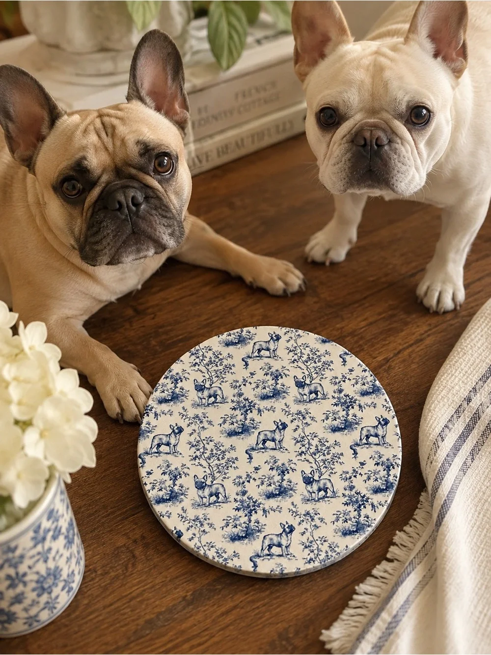 Blue and White French Bulldog Pattern Ceramic Coaster